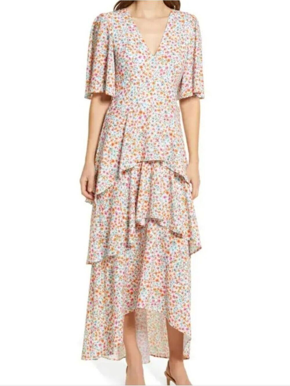 Fourteenth Place Floral Tiered High-Low Maxi Dress Bright Summer Colors Size LG